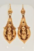 A PAIR OF VICTORIAN ETRUSCAN DROP EARRINGS, yellow metal drops with foliate and beaded detail,