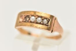 A LATE 19TH CENTURY YELLOW METAL SPLIT PEARL RING, AF set with a row of three split pearls (two