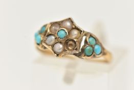 A 9CT GOLD SPLIT PEARL AND TURQUIOSE MEMORIAL RING, AF in the form of a flower set with a central