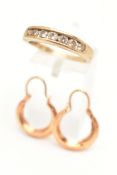 A PAIR OF YELLOW METAL EARRINGS AND A YELLOW METAL RING, a pair of small yellow metal creole