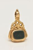 A SMALL YELLOW METAL SWIVEL FOB, three sided swivel fob set with bloodstone, citrine and amethyst