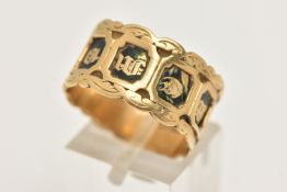 AN 18CT GOLD, EARLY VICTORIAN ENAMEL 'IN MEMORY OF' MEMORIAL RING, wide band with sections of