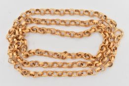 A YELLOW GOLD CHAIN NECKLACE, a yellow gold belcher chain necklace with textured detail to the