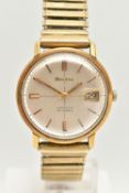 A GENTS GOLD PLATED 'BULOVA' WRISTWATCH, automatic movement, round silver dial signed 'Bulova,