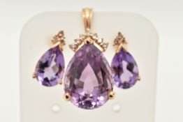 A PAIR OF 14CT GOLD AMETHYST AND DIAMOND EARRINGS WITH MATCHING PENDANT, each earring set with a