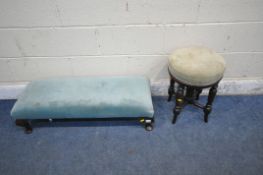 AN EARLY 20TH CENTURY FOOTSTOOL, with blue upholstery, raised on cabriole legs, length 94cm x