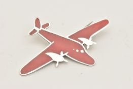 A SILVER RED ENAMEL PLANE BROOCH, hallmarked Sheffield 1975, maker M.P.W, approximate gross weight