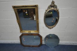 A GILT FRAME RECTANGULAR BEVELLED EDGE WALL MIRROR, 85cm x 65cm, an oak wall mirror, another gilt
