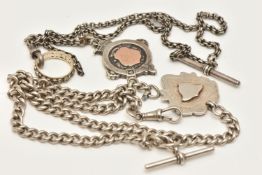 TWO ALBERT CHAINS WITH FOB MEDALS AND A RING, the first a double Albert chain with T-bar and lobster