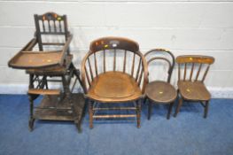 AN EARLY 20TH CENTURY OAK BENTWOOD ARMCHAIR, a metamorphic high chair, along with two child's chairs