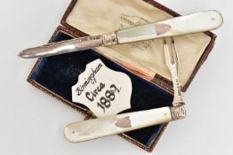 A VICTORIAN FRUIT KNIFE AND FORK, a silver fruit knife with mother of pearl handle, hallmarked '