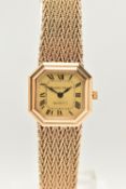 A LADIES 9CT GOLD 'BUECHE-GIROD' WRISTWATCH, quartz movement, square gold tone dial with cut off