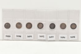A PARCEL OF WILLIAM/MARY 3d COINS, to include 1689 VF or better (die crack reverse 2 o'clock) 1690