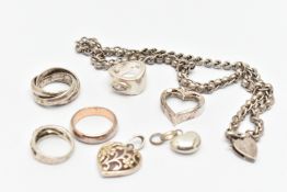 EIGHT PIECES OF WHITE METAL JEWELLERY, to include a white metal belcher style chain with heart