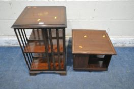 A 20TH CENTURY MAHOGANY REVOLVING BOOKCASE, with marquetry inlay to top, 40cm squared x height 60cm,