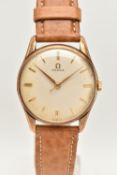 A GENTS 9CT GOLD 'OMEGA' WRISTWATCH, manual wind, round silvered dial signed 'Omega', baton markers,