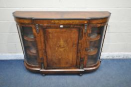 A VICTORIAN WALNUT CREDENZA, fitted with two glass doors, flanking a cupboard door, with marquetry