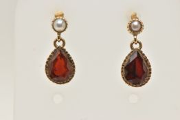 A PAIR OF 9CT GOLD GARNET AND SPLIT PEARL DROP EARRINGS, each designed as a pear shape garnet
