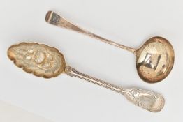 TWO SILVER SPOONS, the first a berry spoon embossed detail to the bowl with a fiddle pattern handle,