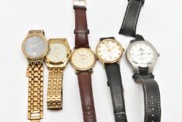 AN ASSORTMENT OF WATCHES, five gents wristwatches, to include a 'Citizen Eco Drive', gold plated