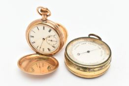 A FULL HUNTER POCKET WATCH AND A POCKET BAROMETER, a hand wound gold plated full hunter pocket