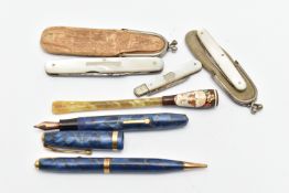 THREE FRUIT KNIVES A CHEROOT AND TWO PENS, to include a small silver blade fruit knife hallmarked