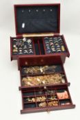 A MULTI STORAGE WOODEN JEWELLERY BOX WITH COSTUME JEWELLERY, to include a variety of rings,