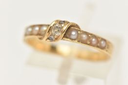 A YELLOW METAL SPLIT PEARL AND DIAMOND RING, set with a row of split pearls, with a central panel