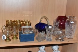 TWO CRYSTAL CUT GLASS OIL AND VINEGAR BURETTES AND MIXED GLASSWARE to include a pair of gilded