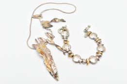 A NECKLACE AND BRACELET, the necklace designed as abstract leaf panels suspended from a snake chain,