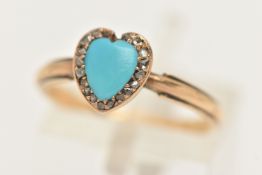 A YELLOW METAL TURQUOISE AND DIAMOND HEART RING, heart cut turquoise within a surround of rose cut