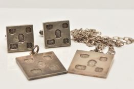 A PAIR OF SILVER JUBILEE CUFFLINKS AND TWO PENDANTS, all designed as square ingot panels with silver