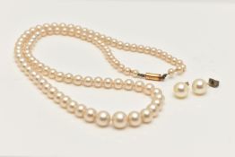 A PAIR OF IMITATION PEARL EARRINGS AND NECKLACE, a pair of stud earrings fitted with yellow metal