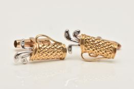 A PAIR OF 9CT GOLD DIAMOND SET CUFFLINKS, each designed as a golf bag and clubs, each club set