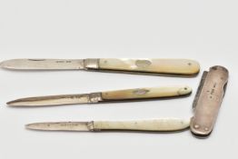 FOUR FRUIT KNIVES, three fitted with silver blades, each with a hallmark and fitted with a mother of