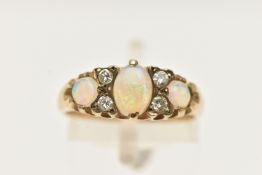 A 9CT GOLD OPAL AND DIAMOND RING, designed as three graduated opal cabochons, interspaced by four