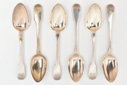 SIX GEORGE III SILVER SPOONS, a set of six matching fiddle pattern spoons with monogram engraving,