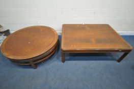 A CHINESE HARDWOOD OVAL COFFEE TABLE, diameter 122cm x height 40cm, along with a mahogany