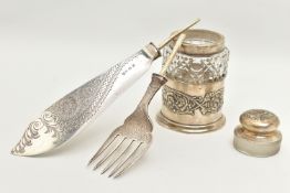 ASSORTED SILVER ITEMS, two include a glass jar with embossed removeable silver base, silver rim