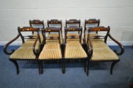 A SET OF EIGHT REGENCY MAHOGANY BAR BACK CHAIRS, including two carvers, with stripped drop in seat