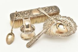 AN ASSORTMENT OF SILVER ITEMS, to include a small silver heart form bonbon dish, hallmarked 'Matthew