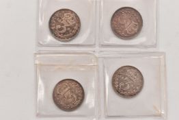 A GROUP OF FOUR VICTORIA THREE PENCE 3d COINS, to include VF and higher grades 1893 JH head, 1893