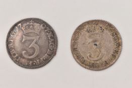 A PAIR OF QUEEN ANNE THREE PENCE 3d COINS, to include 1706 (incomplete 6) F, 1707 EF, (2)