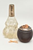 TWO SILVER RIMMED ITEMS, the first a wooden match pot with a silver rim, hallmarked 'Practical