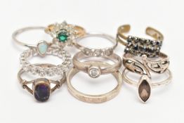 AN ASSORTMENT OF TEN RINGS, to include a silver band ring, hallmarked Edinburgh, ring size R,