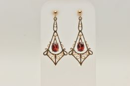 A PAIR OF 9CT GOLD GARNET DROP EARRINGS, each designed with a central oval garnet drop within a