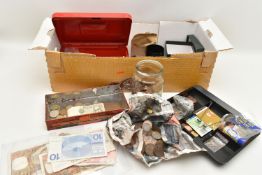 A CARDBOARD BOX OF MIXED COINS AND BANKNOTES, to include Banknotes Spain, Nederland, Portugal,