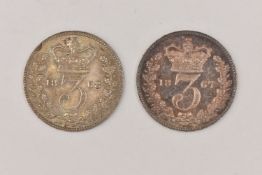 A PAIR OF A4 SILVER VICTORIA THREE PENCE 3d COINS, to include 1867 high grade, 1868 (edge die