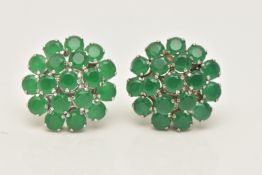 A PAIR OF GEM SET CLUSTER EARRINGS, circular cut green paste stones, prong set in white metal,