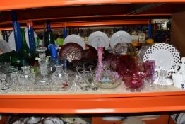 A COLLECTION OF COLOURED AND DECORATIVE GLASS WARES, to include a nineteenth century pressed